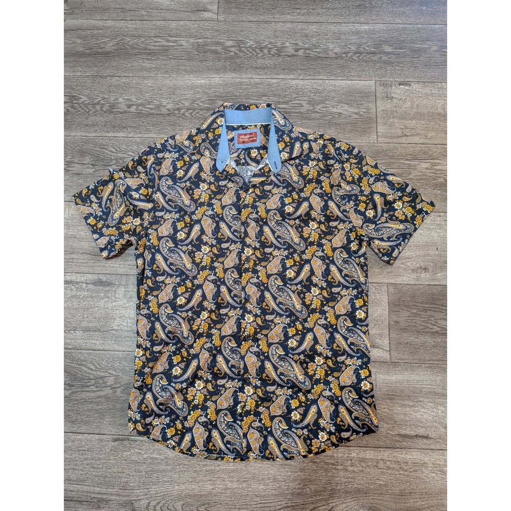 Consequence Mens Medium Short Sleeve Button Down Shirt Navy Paisley Floral Top